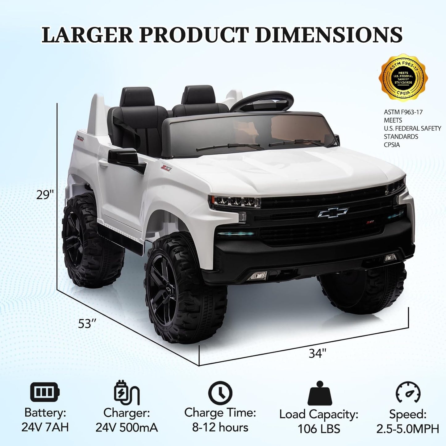 Hetoy 24V 2-Seater Truck Licensed Chevrolet Silverado Ride On Car Toy w/Parent Remote Control,4xSpring Suspension, 3 Speeds, Wireless Music, MP3 Player, Electric Vehicle Car for Kids, White