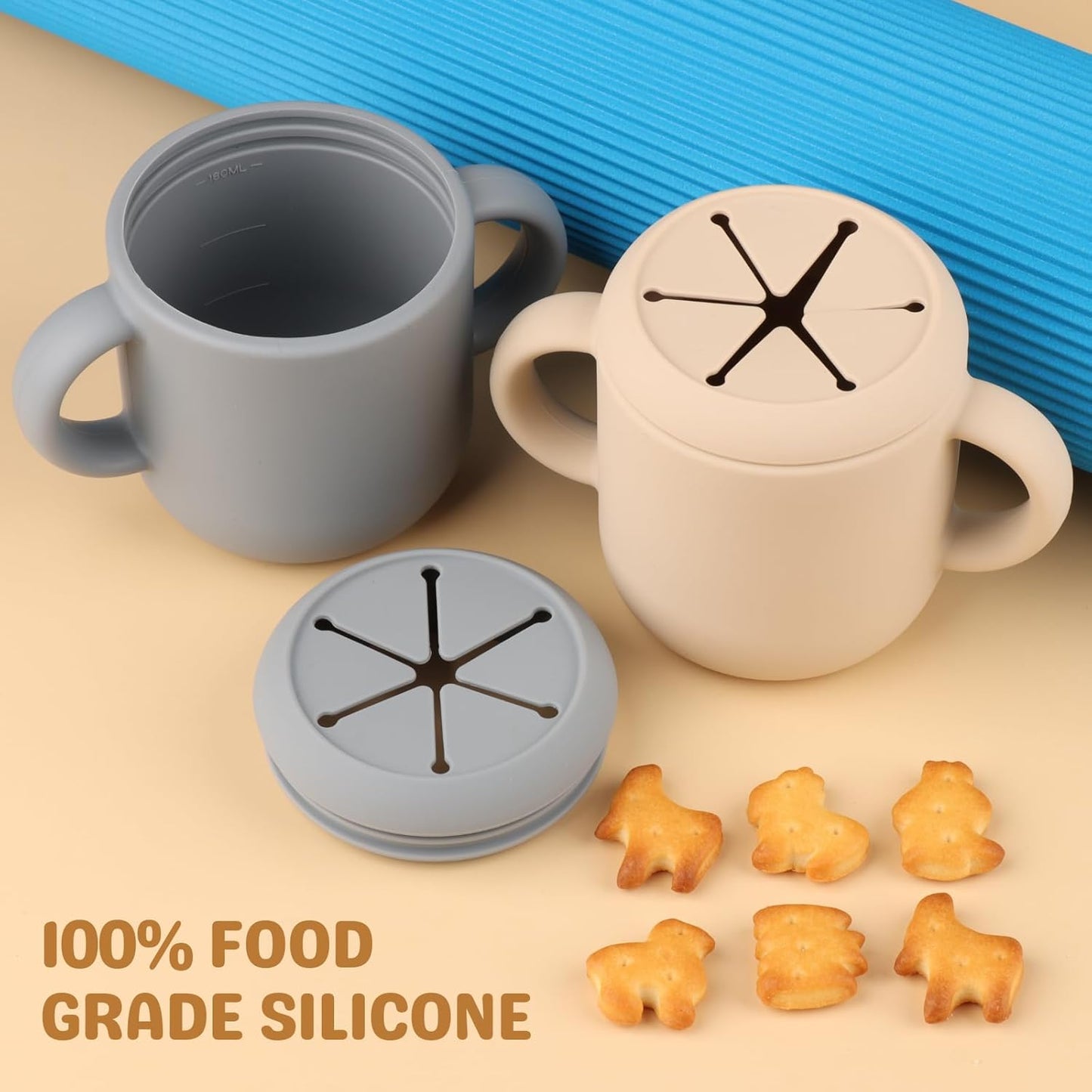 Snack Containers, Silicone Snack Cups for 6-12 Months Toddlers - Pack of 2 Food Grade Silicone Snack Cups with Grip Handle for Baby Led Weaning, Unbreakable (Blush/Mauve)