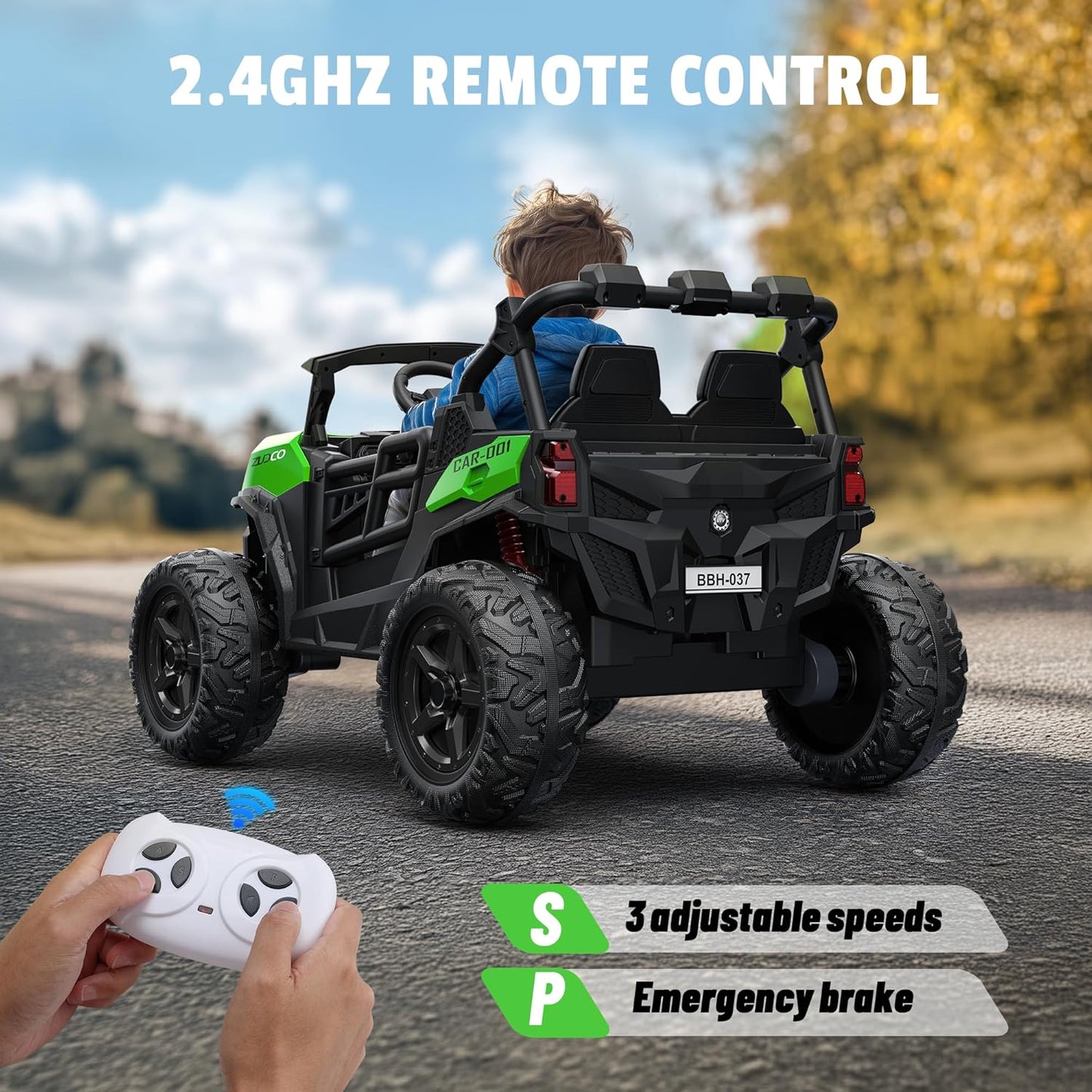 24V 2 Seater Ride on Car Truck, 4x200W, EVA Tires, Remote Control, 4WD/2WD, Rainbow Lights, Shock Absorbers, Bluetooth, Ride On UTV Toy for Kids Ages 3-8, Green
