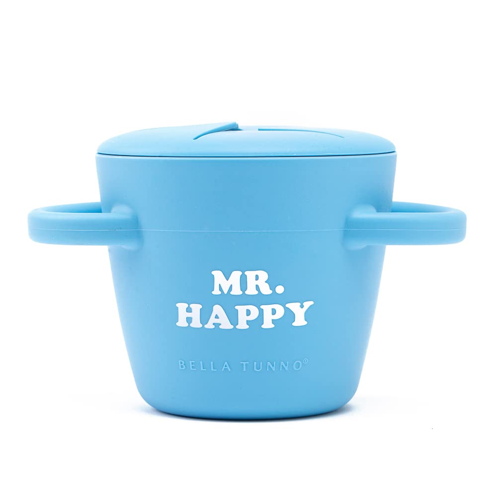 Snack Cups for Toddlers by Bella Tunno, Silicone Spill Proof Food Container with Lid, Babies & Kids 6-12 Months, Mr Happy