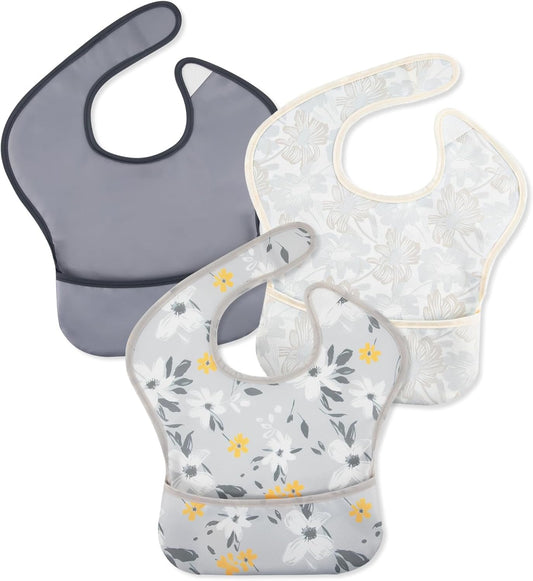 Mess Proof Baby Bib 3 Pack, Waterproof Led Weaning Baby Feeding Bibs with Food Catcher, Travel Feeding Bibs