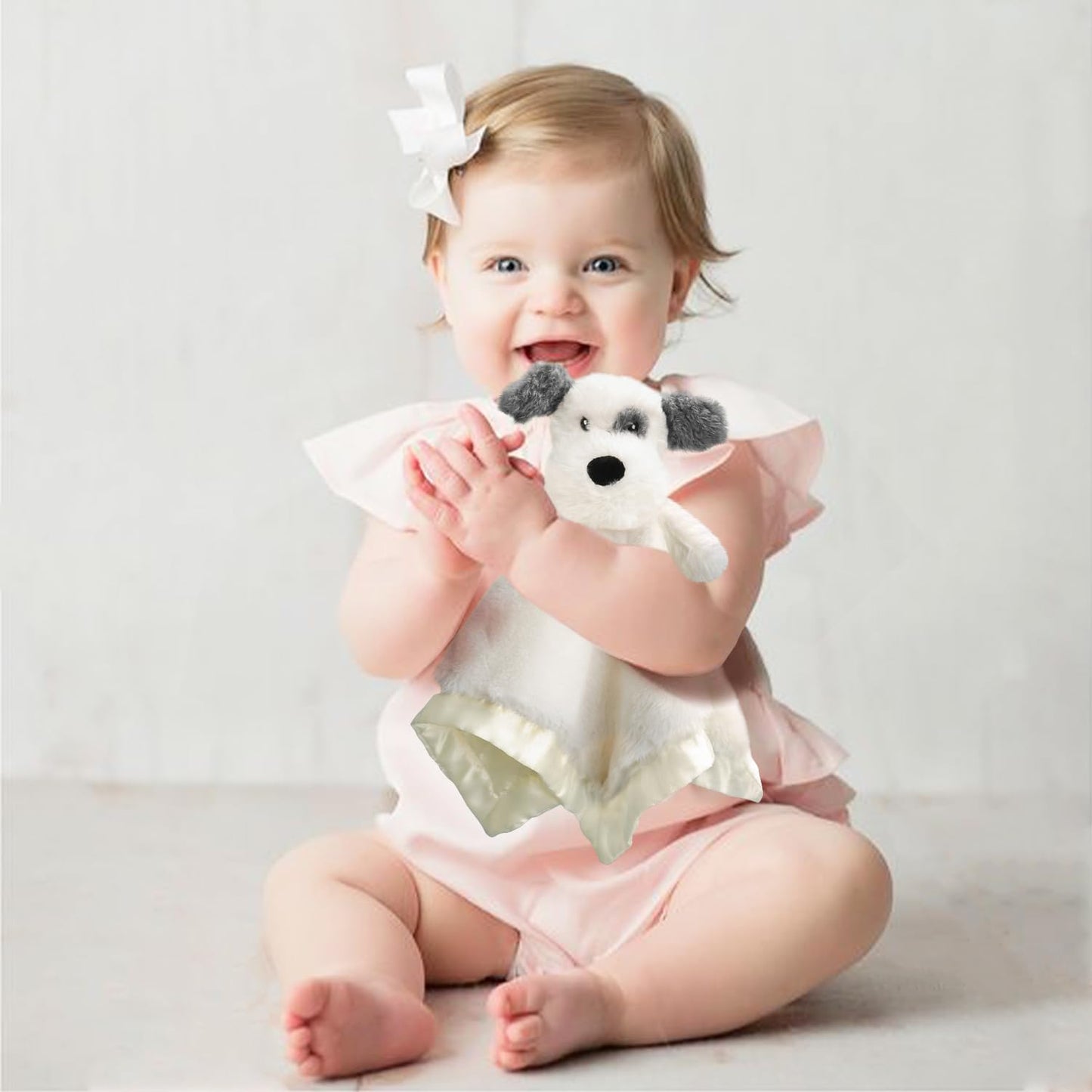 Dog Baby Security Blanket Soft Unisex Lovey Stuffed Animal with Satin Backing for Toddler Infant Newborn Boys and Girls, Lovely Puppy Snuggle Toy, White 13.5 Inch