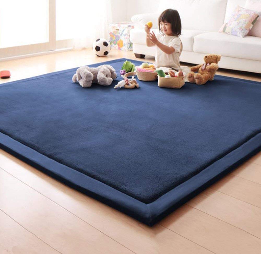 Loartee Coral Velvet Crawling Rug and Area Rug (4'9"x4'9", Dark Blue) for Toddler Children Play Mat and Yoga Mat Exercise Pad