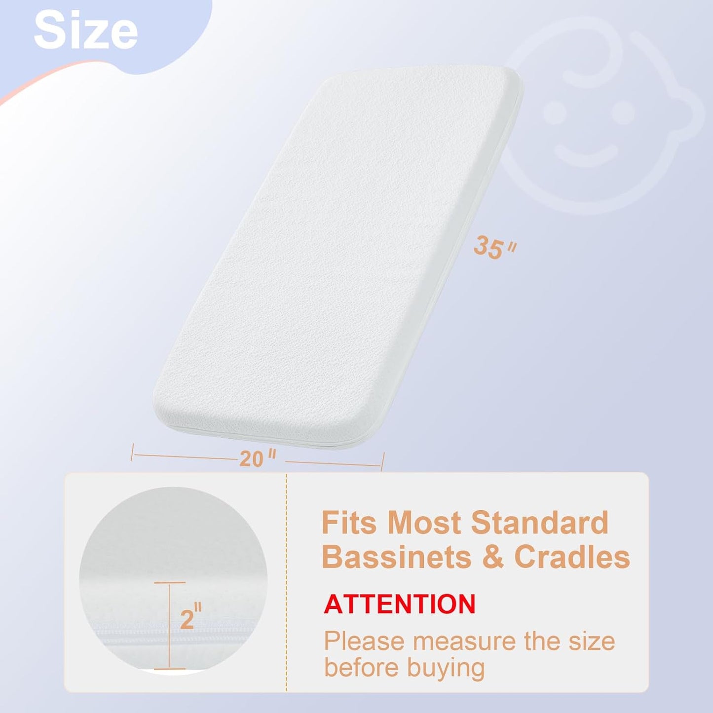 NeoBorn Baby Bassinet Mattress Pad, 35" x 20" Dual Sided Comfort Gel Memory Foam Mattress with Removable Breathable Soft Tencel Cover Fit for ANGELBLISS/AMKE/Bellababy/Yamesmile Baby Bassinet