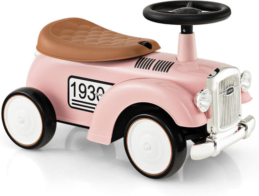 HONEY JOY Ride On Push Car, Outdoor Toddler Riding Toys w/Steering Wheel, Horn & Storage, Foot-to-Floor Sliding Car, No Batteries, Retro Baby Ride On Toys for Boys and Girls (Pink)