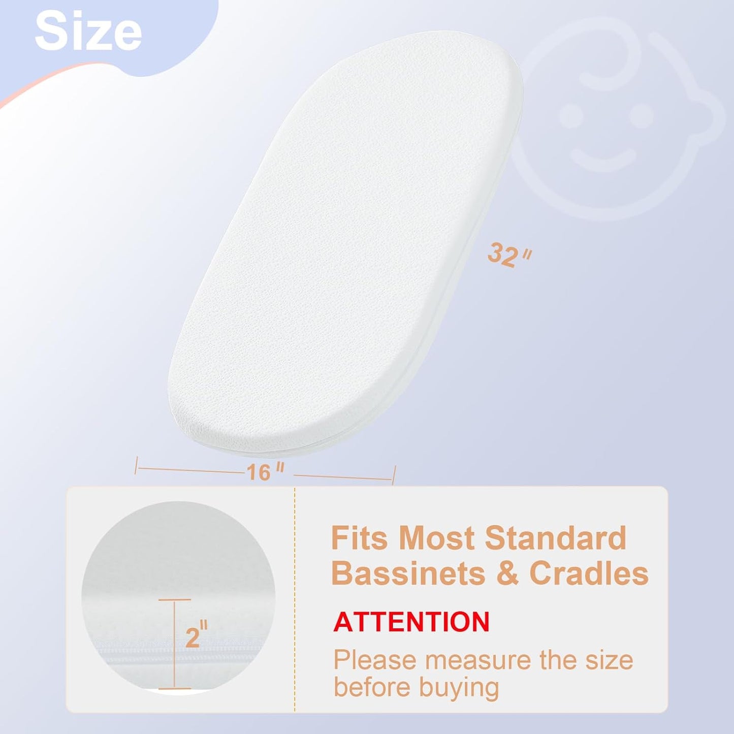 NeoBorn Baby Bassinet Mattress Pad, 32" x 16" Dual Sided Comfort Gel Memory Foam Mattress with Removable Breathable Soft Tencel Cover Fit for Dream On Me Karley Bassinet