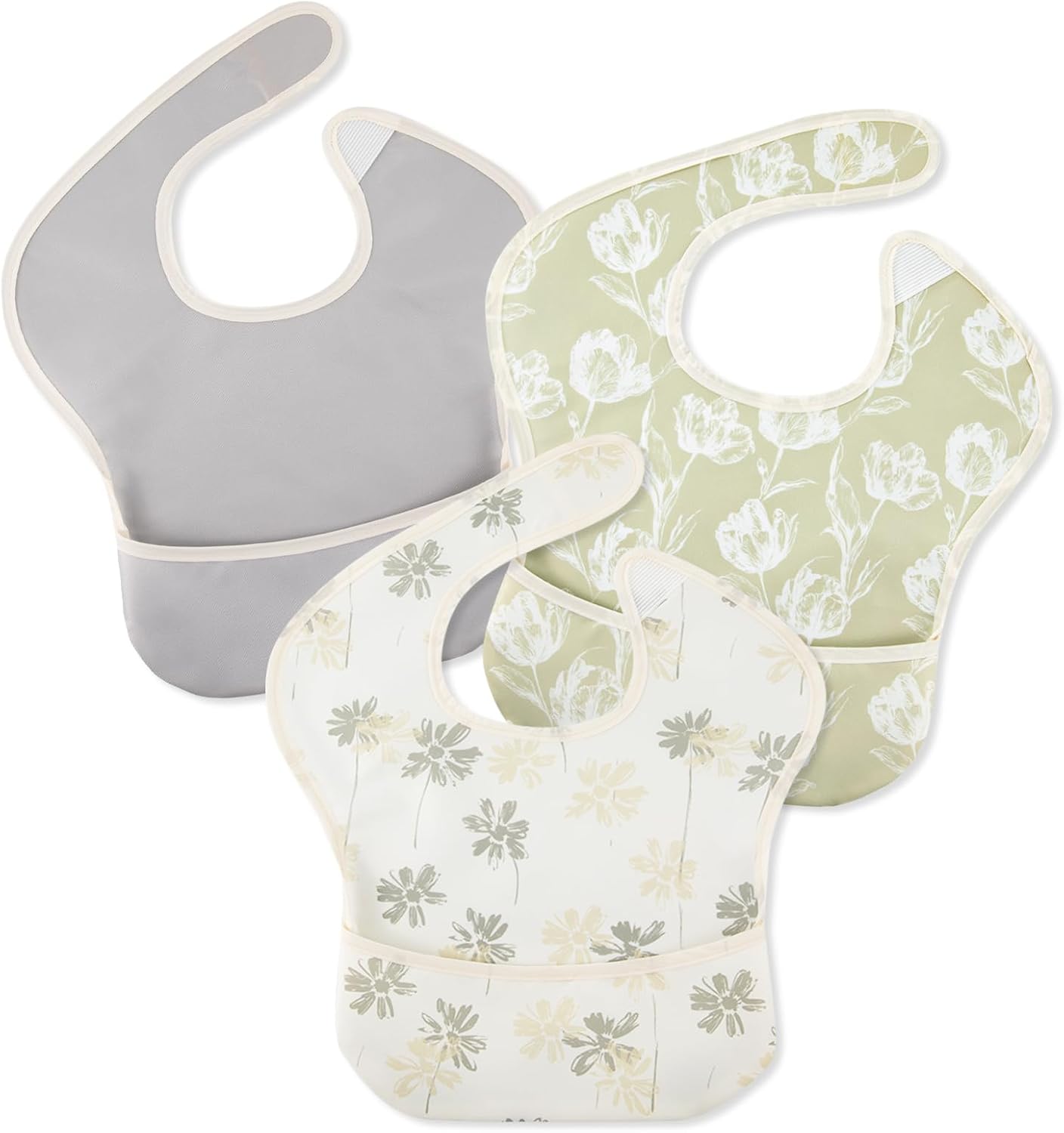 Mess Proof Baby Bib 3 Pack, Waterproof Led Weaning Baby Feeding Bibs with Food Catcher, Travel Feeding Bibs