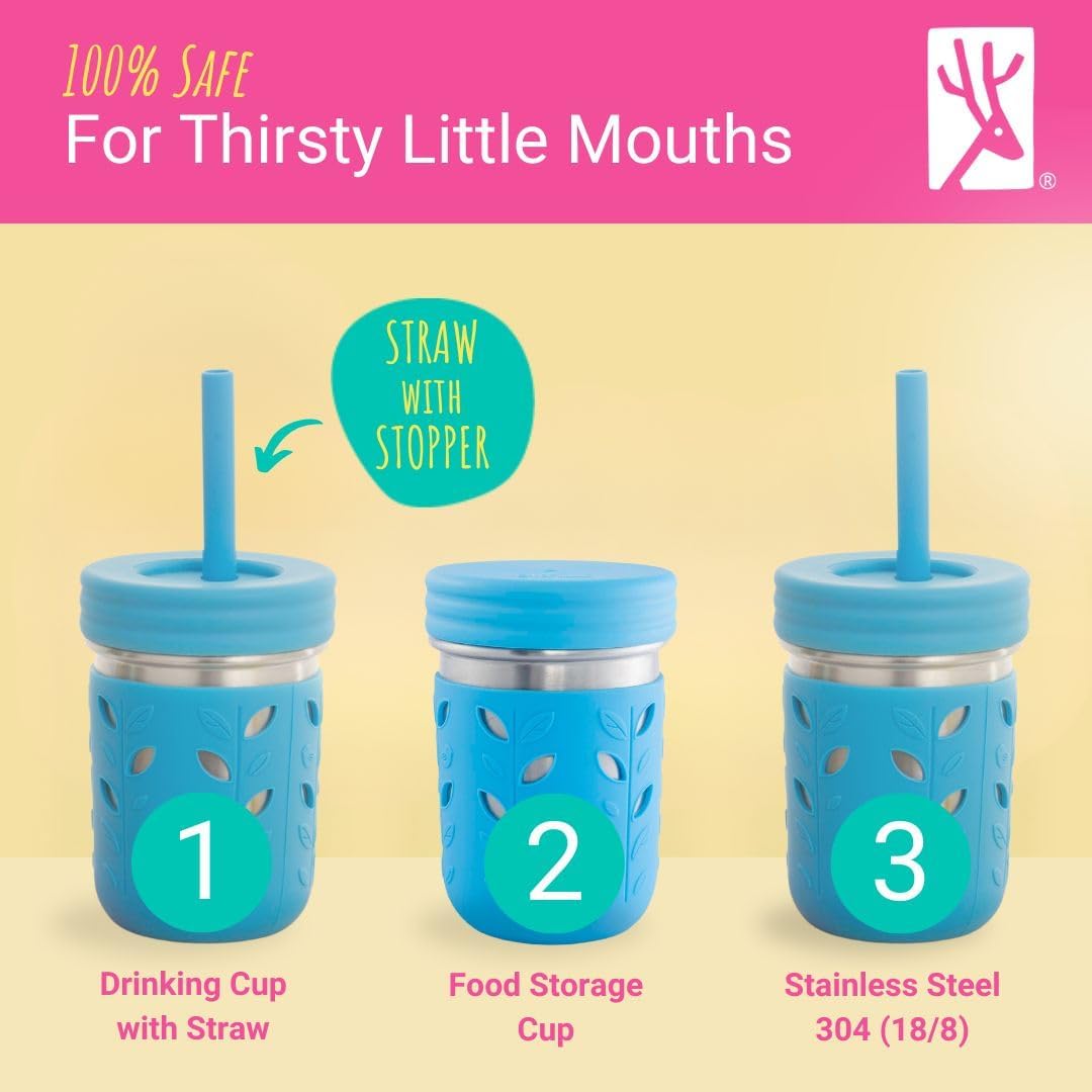 Elk and Friends 14oz Stainless Steel Kids + Toddler Drinking Cups | The Original Mason Jars with Lids + Sleeves + Straws | Smoothie Cups | Spill Resistant | Dishwasher Safe | 2 Pack