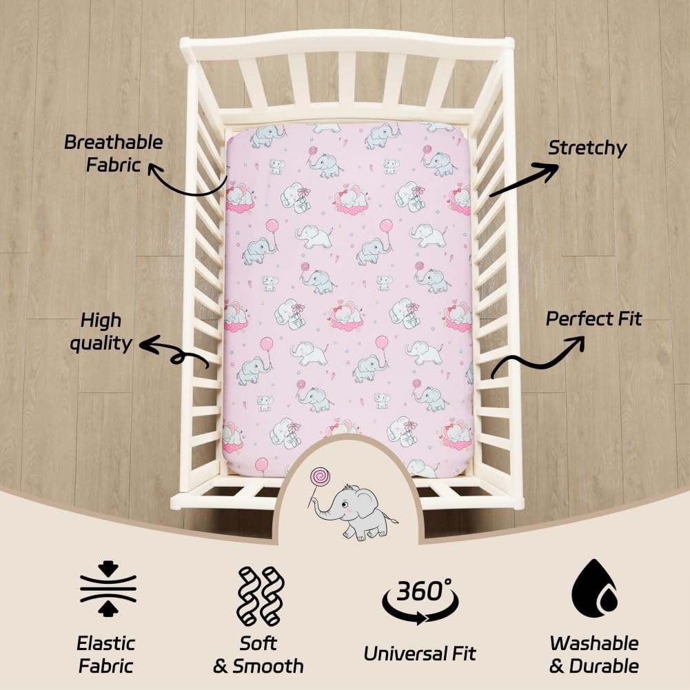 4 Pack Baby Girl Crib Sheets Set Soft Fitted Floral or Elephant Theme Baby Girl Mattress Covers Breathable Toddler Bed Sheets for Infant or Newborn Girls (Elephant, Crib Sheets)