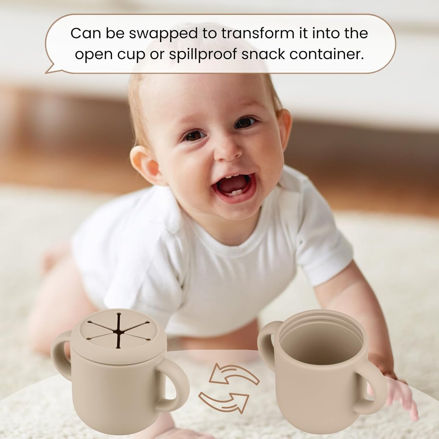 Snack Containers, Silicone Snack Cups for 6-12 Months Toddlers - Pack of 2 Food Grade Silicone Snack Cups with Grip Handle for Baby Led Weaning, Unbreakable (Sand/Natural)