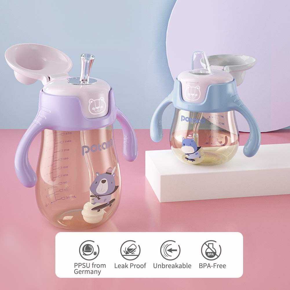 POTATO Sippy Cups For Toddlers with Straw Spill Proof, PPSU Learner Cup with Handle for Boy, Water Bottle for Baby 6 Months with 2 Type of Spout, 6 Ounce Blue