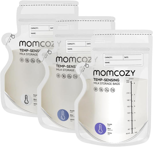 Momcozy Easy Pour Breastmilk Storage Bag, 8Oz, Temp-Sensing Color Change, 200 Count Milk Bag with Self Standing for Breastfeeding, No Leak Presterilized for Freezer, Recyclable & BPA Free