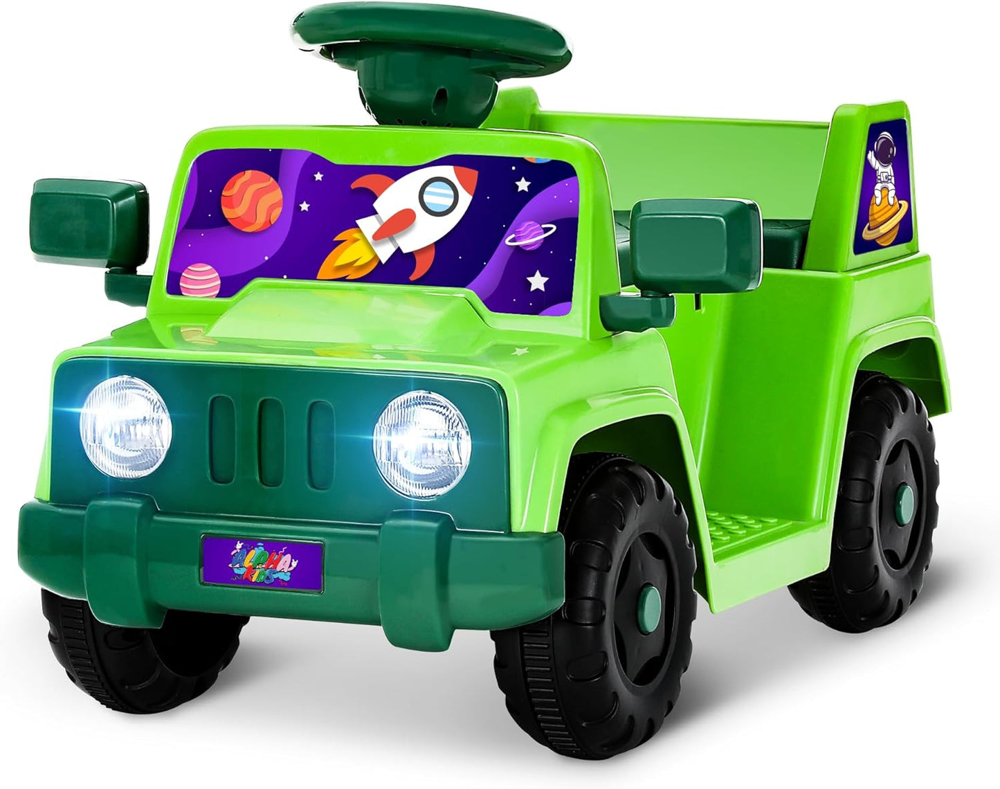 6V Toddler Ride On Car Interactive Electric Car with Horn LED Front Light Rear Storage Stellar Galaxy Theme Perfect for Boys & Girls 18+ Months Safe & Fun for Little Explorers(Green Space)