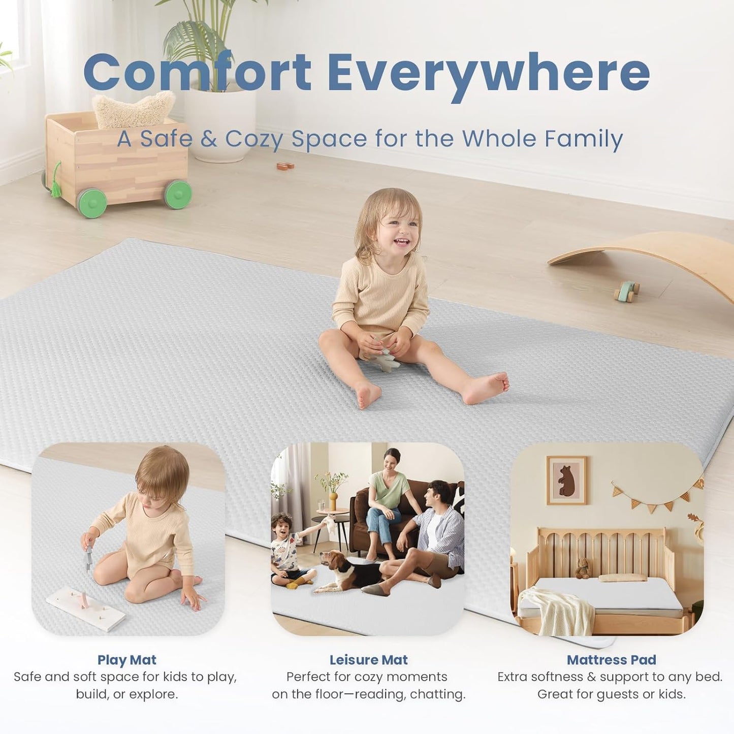 Baby Play Mat for Summer, 1.3 Thick Extra Large Memory Foam Cooling Floor Tummy Time Mat, Soft & Breathable, Non-Slip Rectangular for Toddlers’ Playtime & Rest(Grey,79"x118")