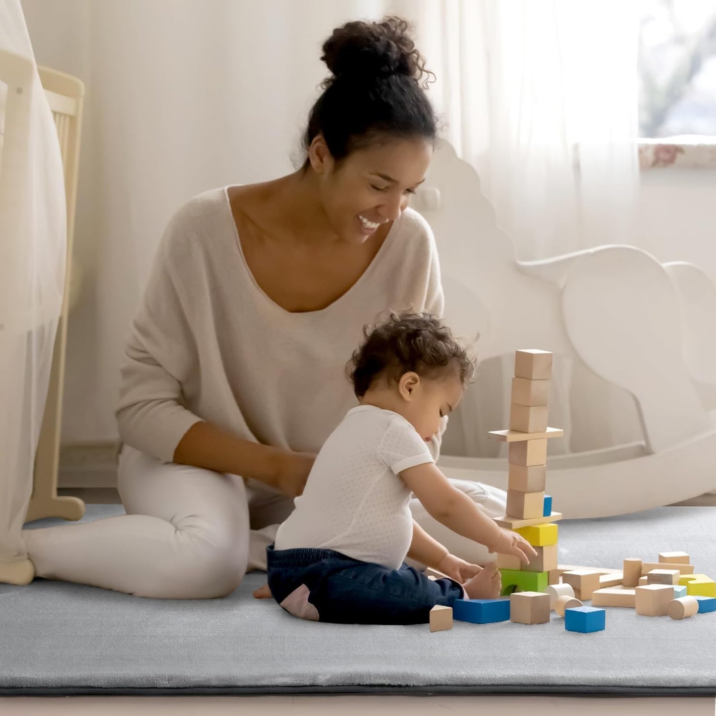 BALAPET Thick Memory Foam 74x50 Play Mat for Playpen, Super Soft Velvet Portable Baby Playpen Mat for Kids Toddler Crawling and Play, Non-Slip Bottom Playmat, Grey