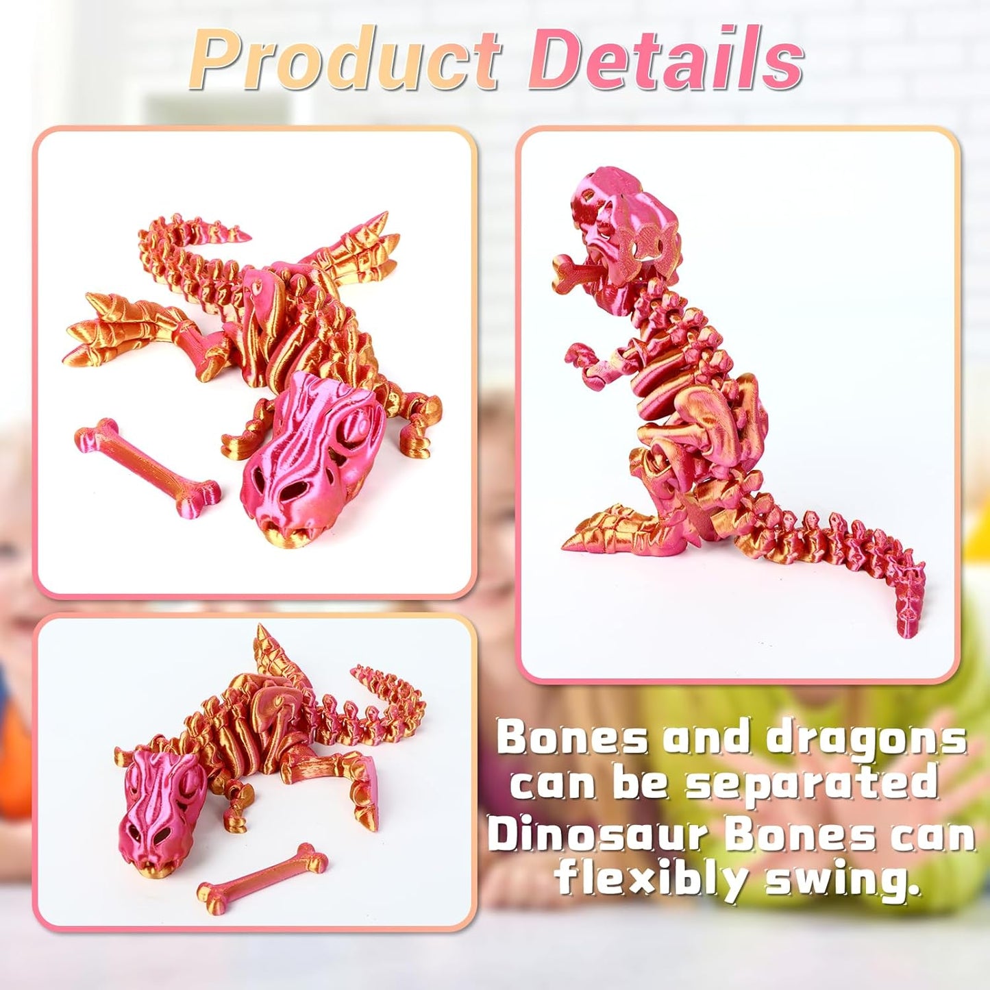 3D Printed Dinosaur Bone Skeleton Tyrannosaurus Rex with Movable Jaw Fidget Dinosaur Toys Full Articulated Dinosaur Executive Desk Toys Home Office Decor, Red Mix Yellow