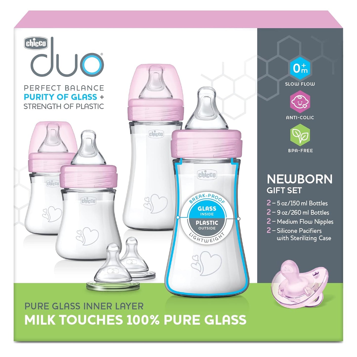 Chicco Duo Newborn Hybrid Baby Bottle Starter Gift Set with Invinci-Glass Inside and Plastic Outside | Dishwasher, Bottle Warmer, and Electric Sterilizer Safe | Intui-Latch Nipple | Clear/Pink