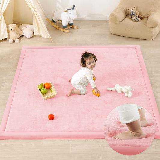1.3" Thick Baby Play Mat,Ultra Soft Elasti-Foam 50×50 Playpen Mat for Tummy Time,Water-Repellent Coral Fleece Nursery Rug for Infants,Toddlers,Kids,Non-Slip Safe for Crawling(Pink)