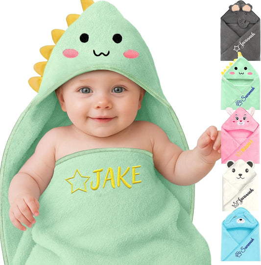 Personalized Baby Towels Hooded with Name, Custom Toddler Bath Towel with Hood for Girl Boy, Warm Swaddle Blanket, Customized Newborn Gifts - Embroidered (Green Dinosaur)