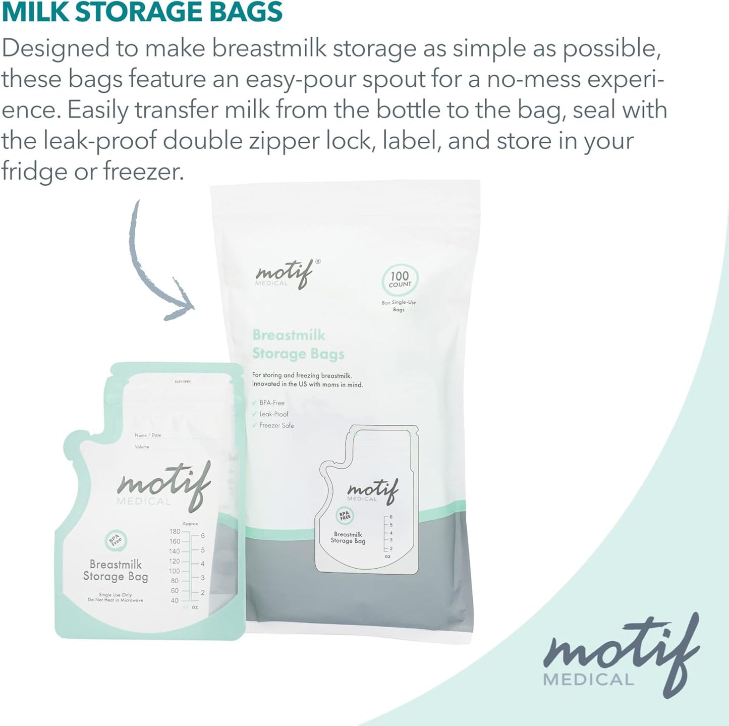 Motif Luna Double Electric Breast Pump Bundle with Luna Cooler Set and Milk Storage Bags, 6 oz - 100 Count - Milk Freezer Bag with Easy Pour Spout