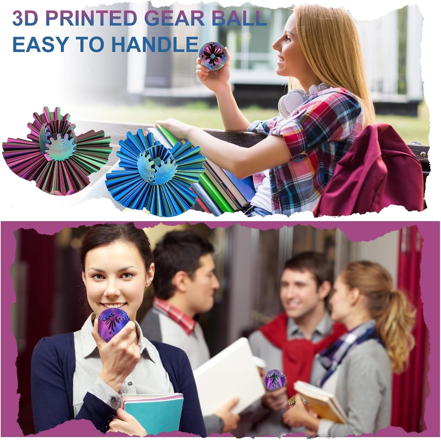 Gear Ball, Gear Sphere, 3D Printed Gear Ball Spin Ball Cube Fidget Toys GearSphere Ball, Stress Ball, Gear Sphere Desk Toy, Fidget Ball, Gear Toy for Stress and Anxiety Relaxing (Laser Color E)