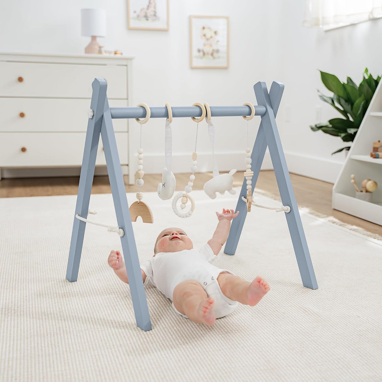 Comfy Cubs Wooden Baby Play Gym - Natural Finish Pinewood Baby Activity Gym with 5 Sensory Hanging Toys - Easy No-Tool Assembly, Safe and Durable for Infant Motor and Visual Development - Pacific Blue