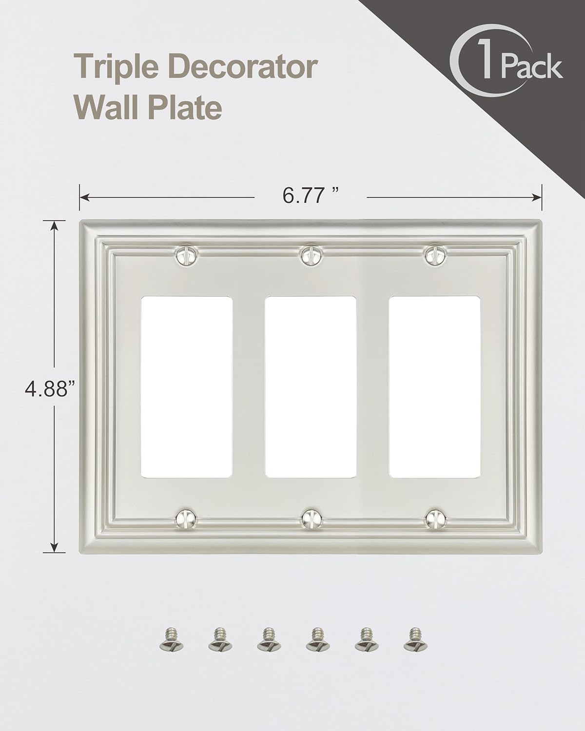 1-Pack Triple Decorator Wall Plate, Metal Electrical Outlet Cover for Receptacles, Dimmer Switches, GFCI Outlets, Satin Nickcel, Midsize, 6.77''*4.88''