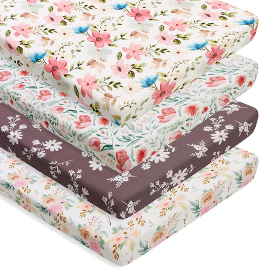 4 Pack Baby Girl Pack N Play Mini Crib Sheets Set Soft Fitted Floral Theme Baby Girl Mattress Covers Breathable Toddler Bed Sheets for Infant or Newborn(Flower, Pack N Play Mini Crib Sheets)