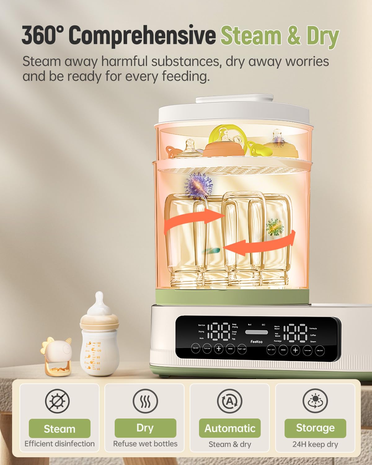 Feekaa Multifunctional Baby Bottle Warmer, Steamer and Dryer, 44oz Baby Formula Kettle Combo, Bottle Warmer for Breastmilk with Temperature Control, Water Warmer for Baby Formula, Electric Milk Warmer