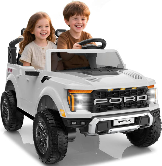 24V Ride on Car Licensed Ford F-150 Raptor, Kids Electric Car with Remote Control, LED Light/Music/MP3, Truck Bed Storage, 3-Point Seat Belt (24V, White)