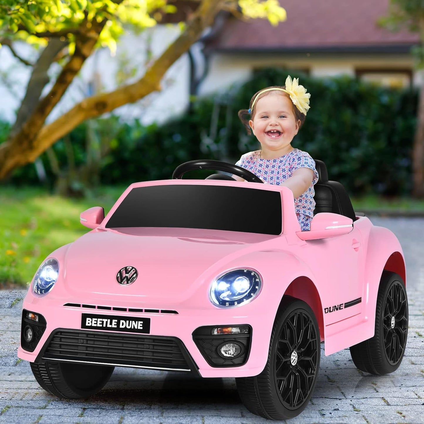 Costzon Ride on Car, 12V Licensed Volkswagen Beetle Battery Powered Vehicle w/Remote Control, Spring Suspension, Lights, USB, Horn, Music, 4 Wheeler for Boy Girl Gift, Electric Car for Kids, Pink