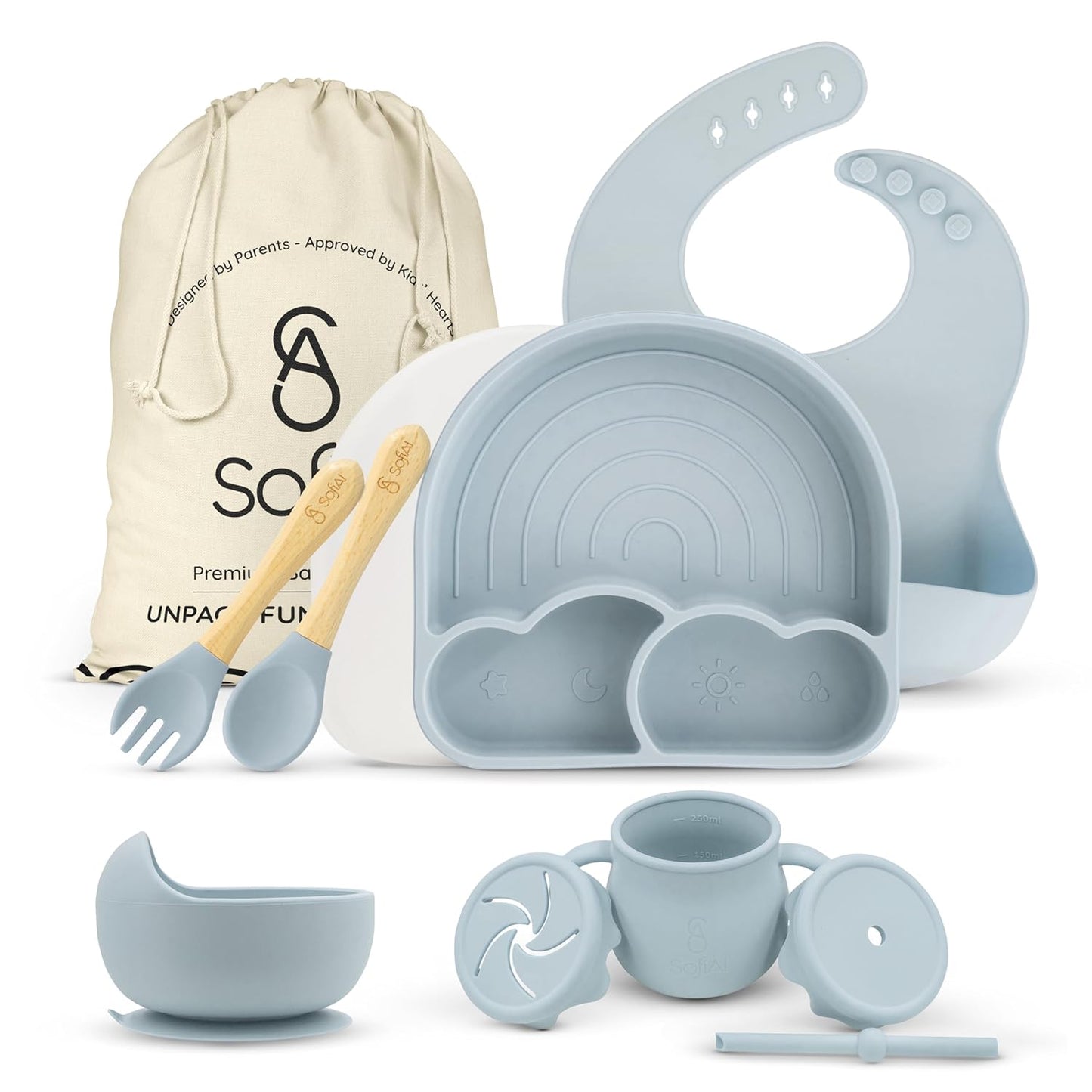 All In One Silicone Feeding Set - Safe for 6-12 Months - Non-Toxic Baby Led Weaning Supplies - Toddler Self Feeding Utensils - BPA-Free - Mess Free Essentials