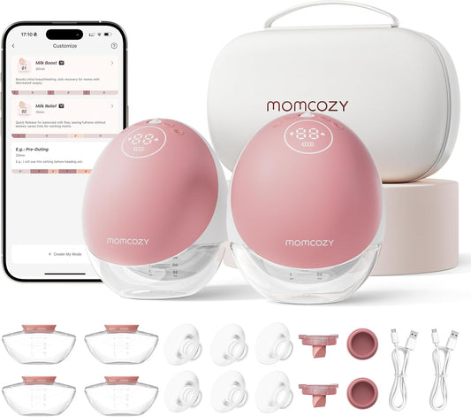 Momcozy Breast Pump Hands Free Upgraded Mobile Flow | M9, App Discreet Control with Personalized Multi-Modes & 15 Levels, Wearable Breast Pump 24mm, 2 Pack Cozy Red