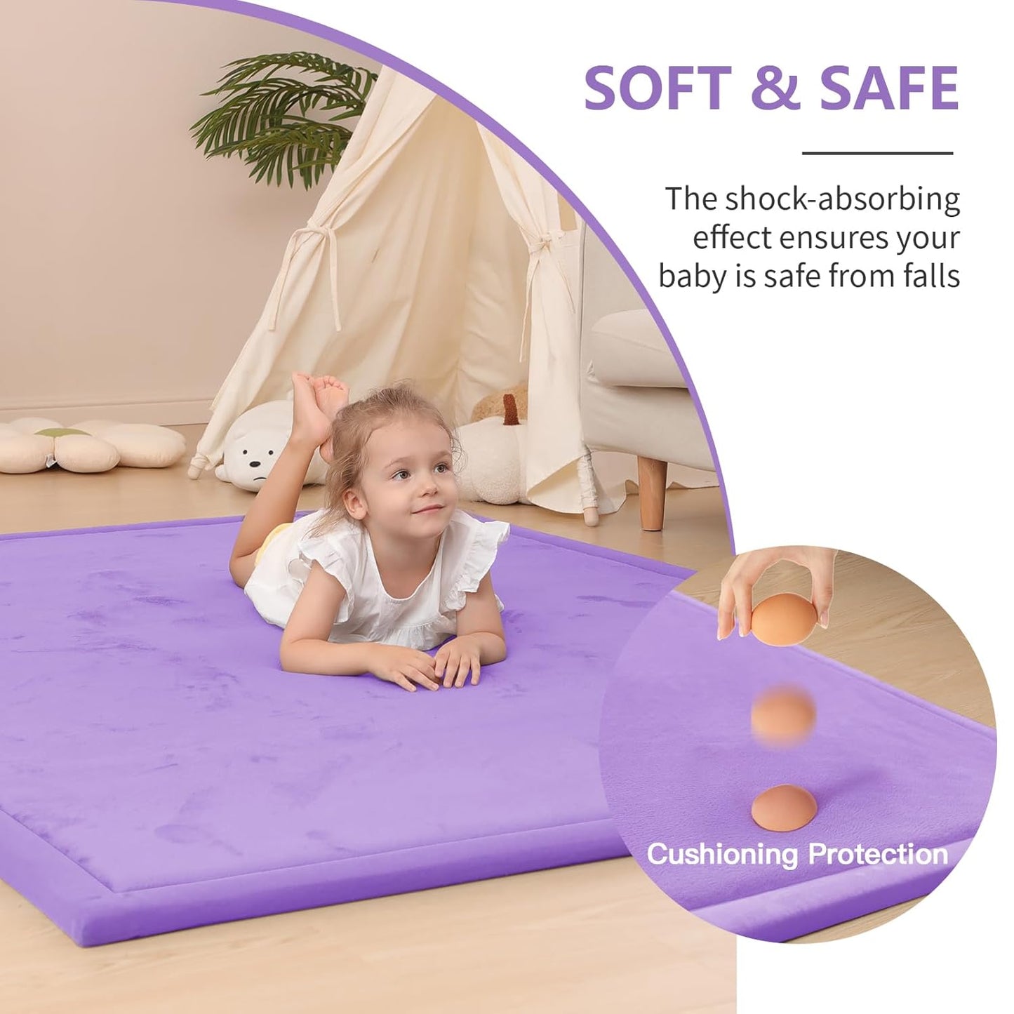 Baby Play Mat for Floor,1.3" Thick Elasti-Foam 50x50 Playpen Mat for Toddlers Infant Kids,Water-Repellent Soft Coral Velvet for Tummy Time,Non-Slip Backing for Crawling,Tatami Style(Lavender)
