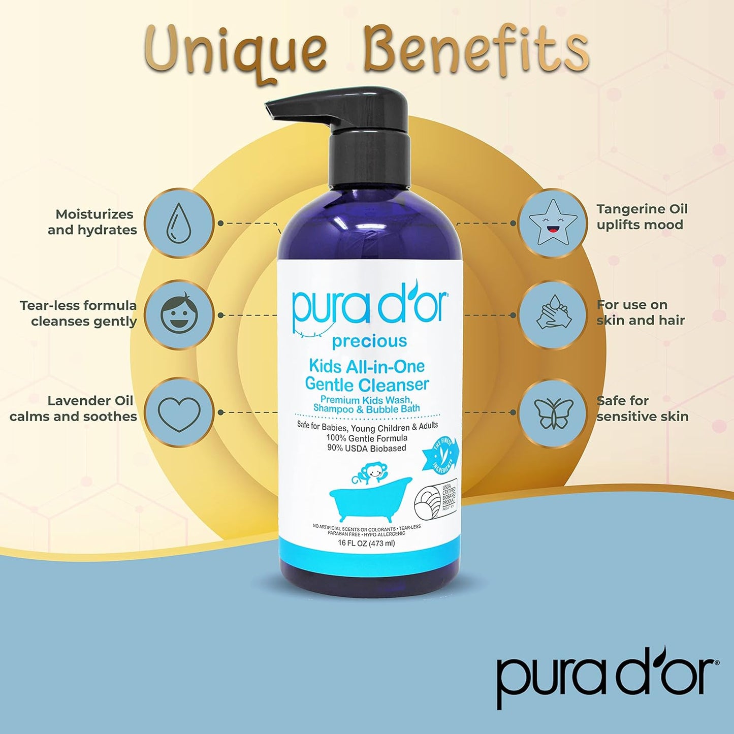 PURA D'OR 16 Oz Kids Wash - All-in-One Gentle Cleanser - USDA Biobased, Sulfate-Free, Tear-Less, Hypoallergenic, Premium, Shampoo & Bubble Bath