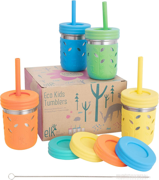 Elk and Friends 10oz Stainless Steel Kids + Toddler Drinking Cups | The Original Mason Jars with Lids + Sleeves + Straws | Smoothie Cups | Spill Resistant | Dishwasher Safe | 4 Pack