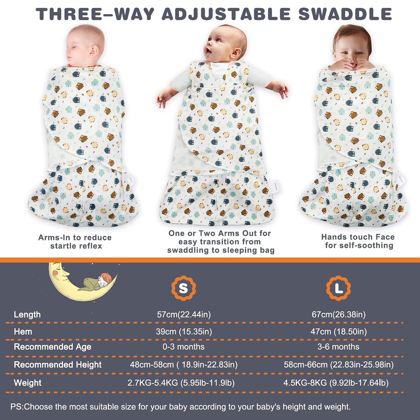 Swaddle-Blanket Baby Girl & Boy Swaddles Newborn Infant Transition 100% Cotton Wrap Blankets, 3-Way Adjustable Wearable Blanket, TOG 1.0 (Owl, 3-6 Month)